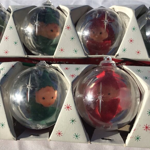 Vtg Jewel Brite Plastic Diorama Christmas Ornaments Pixie Elves 60s Lot 10 Decor - Picture 7 of 16